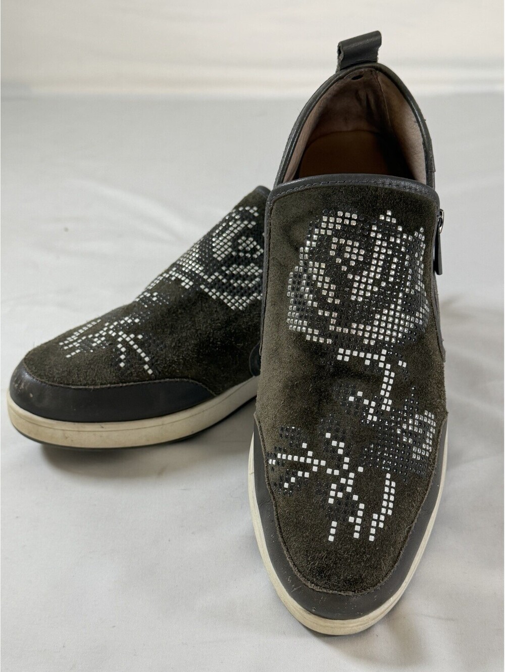 Donald J Pliner Olive Suede Embellished Slip-On Sneaker with Side Zipper 9.5